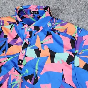 Bad Birdie Montage Golf Polo Shirt Medium Blue Pink Green Athletic 4 Way Stretch